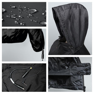 Gerbing jacket details showing water resistant fabric, hood, power cables, and snap closures