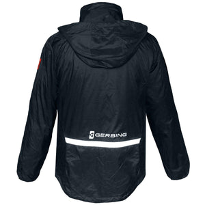 Back view of a black Gerbing hooded jacket with a reflective strip and logo