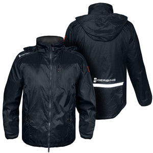 Front and back view of a black Gerbing hooded rain jacket with reflective detailing