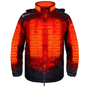 Gerbing heated jacket with visible orange heating elements in the collar chest and sleeves