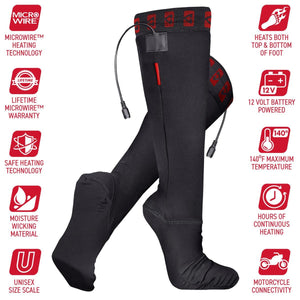 Black heated socks with power cables and feature icons highlighting Microwire technology and 12 volt battery power