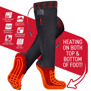Black heated socks with 12V battery power and heating elements on top and bottom of foot