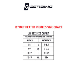 Gerbing 12 volt heated insoles unisex size chart showing men and women US shoe size conversions