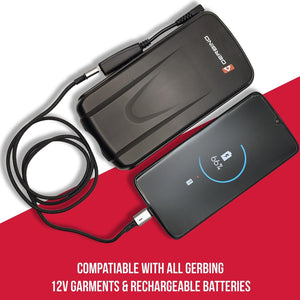 Gerbing 12V battery pack connected to a smartphone charging cable