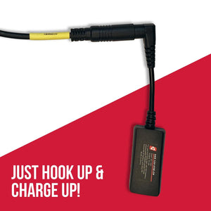 Black USB charging cable with accessory label and power adapter
