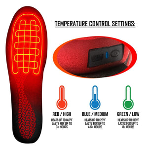 Heated insole showing temperature settings for high medium and low heat levels