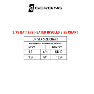 Gerbing 3.7V battery heated insoles unisex size chart showing US shoe size conversions for S M and L XL sizes