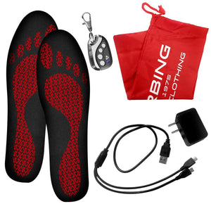 Heated insoles with remote control, charging cable, power adapter, and red Bing 1975 Clothing storage bag
