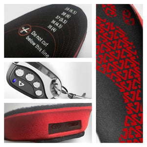 Heated insoles with size guide, remote control, and charging port