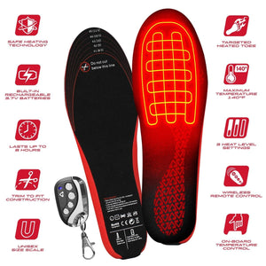 Heated insoles with remote control and feature icons showing battery life and temperature settings