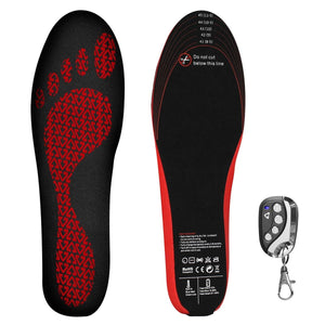 Pair of heated insoles with size markings and remote control