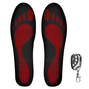 Pair of black heated insoles with red pattern and remote control