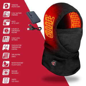 ActionHeat heated balaclava features with battery pack and heating zone diagram