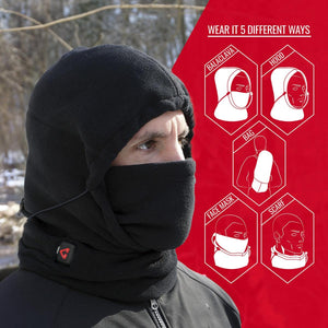 Person wearing black fleece balaclava with diagram showing five different ways to wear the headgear