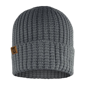 Grey ribbed knit beanie with a brown Gerbing logo patch