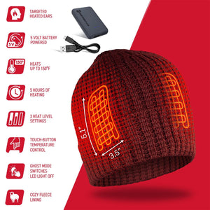 Gerbing heated beanie with battery and feature list showing heating zones and technical specifications