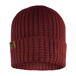 Maroon ribbed knit beanie with a brown Gerbing logo patch