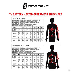 Gerbing 7V battery heated outerwear size chart for men and women with measurement instructions