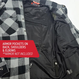 Interior view of Gerbing flannel jacket showing mesh lining and armor pocket locations