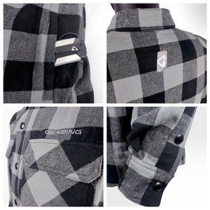 Gerbing grey and black plaid flannel shirt details showing battery pocket, logo, and snap button cuffs