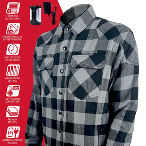 Gerbing grey and black plaid heated flannel shirt with battery and charger features listed