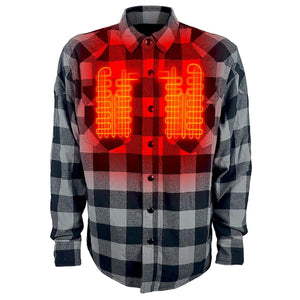 Red and black plaid flannel shirt with glowing orange heating elements on the chest