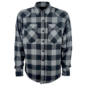 Gerbing grey and black plaid long sleeve button down shirt with two chest pockets