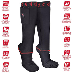 Gerbing black heated socks with battery pocket and feature icons