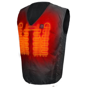 Black heated vest with visible orange heating elements and power button