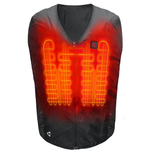 Black heated vest showing internal orange heating elements and power button