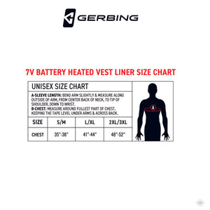 Gerbing 7V battery heated vest liner unisex size chart with chest measurements for sizes S M L XL and 2XL 3XL