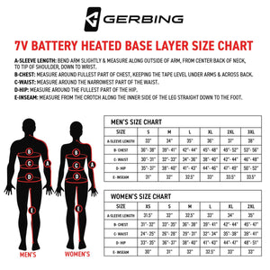 Gerbing 7V battery heated base layer size chart for men and women with measurement instructions
