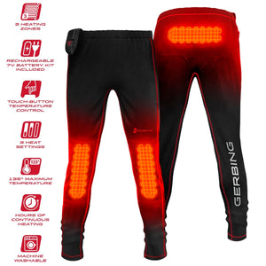 Gerbing heated base layer pants with three heating zones and rechargeable battery kit