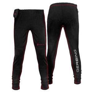 Gerbing black heated pants with red stitching shown from front and back views