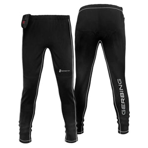 Front and back view of black Gerbing heated pants with white stitching