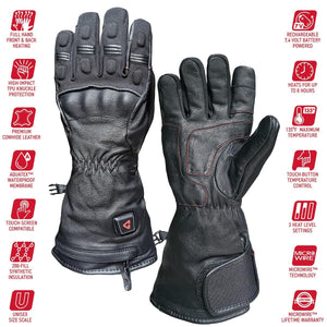Gerbing black leather heated motorcycle gloves with feature icons