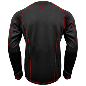 Back view of black long sleeve compression shirt with red contrast stitching and logo