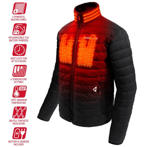Gerbing heated jacket with four heating zones and battery features listed in icons