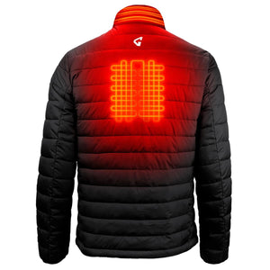 Back view of a black Gerbing heated jacket showing glowing red heating elements on the upper back and collar