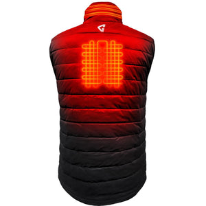 Back view of a black and red heated vest showing internal heating elements