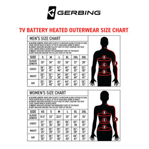 Gerbing 7V battery heated outerwear size chart for men and women with measurement instructions