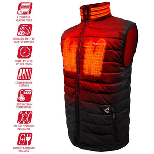 Gerbing heated vest with feature icons showing four heating zones and battery specifications