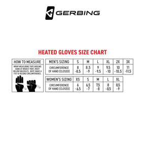 Gerbing heated gloves size chart with measurement instructions for men and women