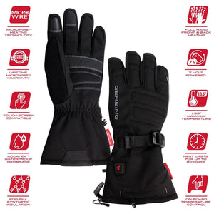 Gerbing black heated gloves with feature icons detailing heating technology and specifications