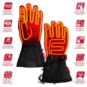 Gerbing heated gloves with feature icons showing Microwire technology and waterproof membrane