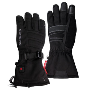 Pair of black Gerbing heated gloves with wrist strap and power button