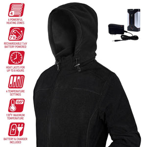 Black heated fleece hoodie with four heating zones, rechargeable battery, charger, and four temperature settings