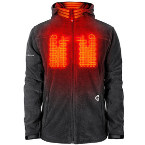 Gerbing black heated jacket with glowing orange heating elements visible on the chest and neck