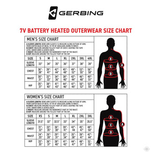 Gerbing 7V battery heated outerwear size chart for men and women with measurement instructions