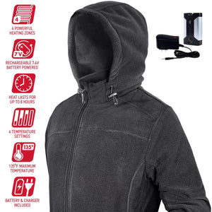Gerbing black fleece hooded jacket with battery and charger features listed